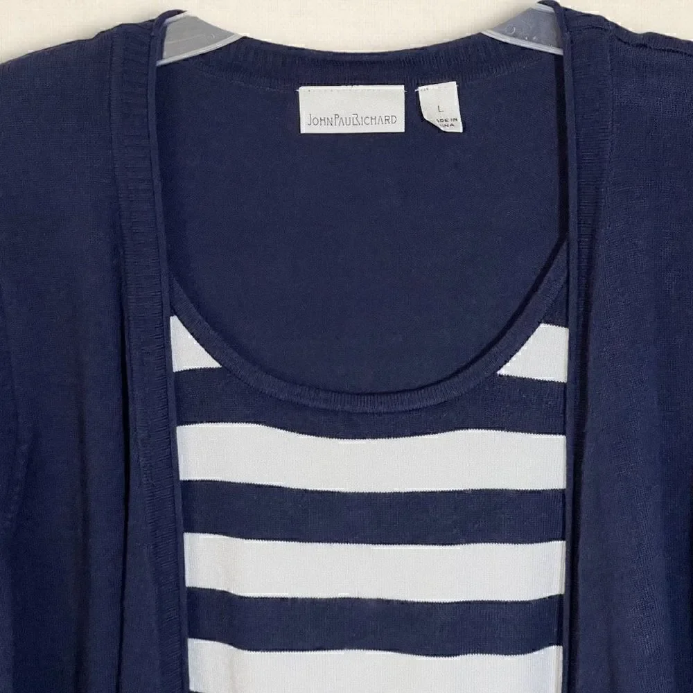 Navy & White Stripe Pullover Faux Cardigan Sweater Sz L 12-14